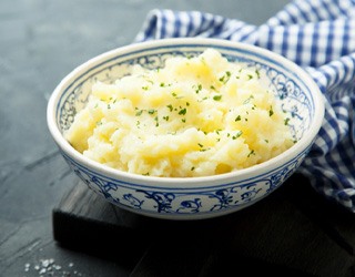 Close-up of bowl filled with mashed potatoes